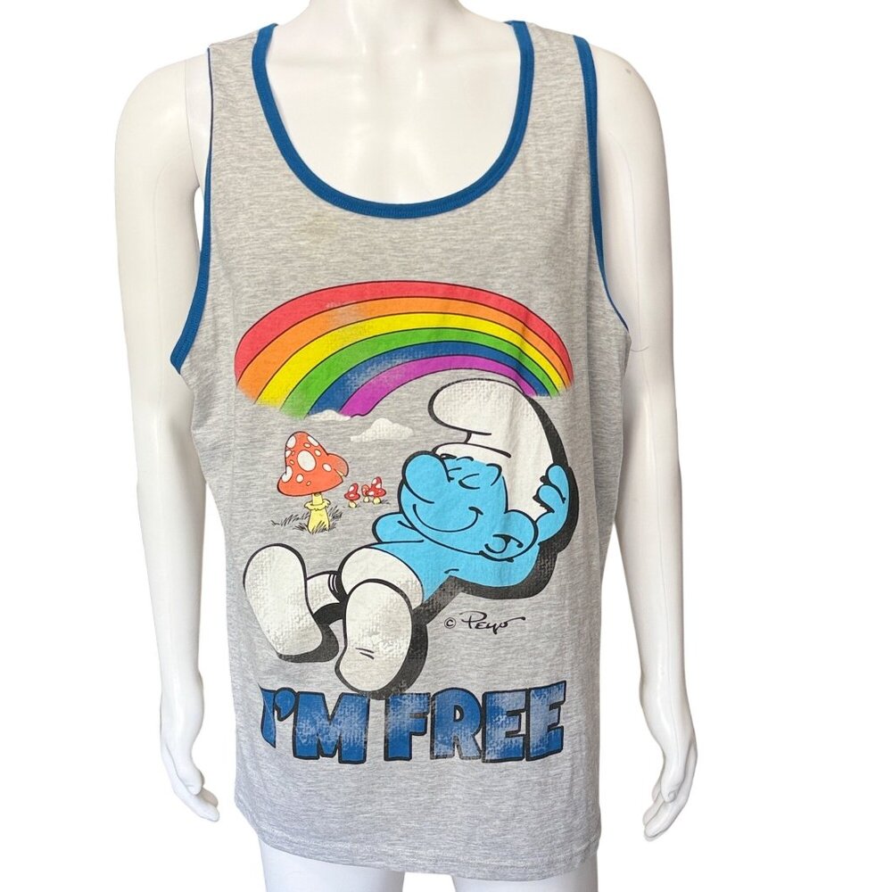 The Smurfs Tank Top Mens 2XL Gray Cotton Blend Graphic Rainbow I’M Free Print